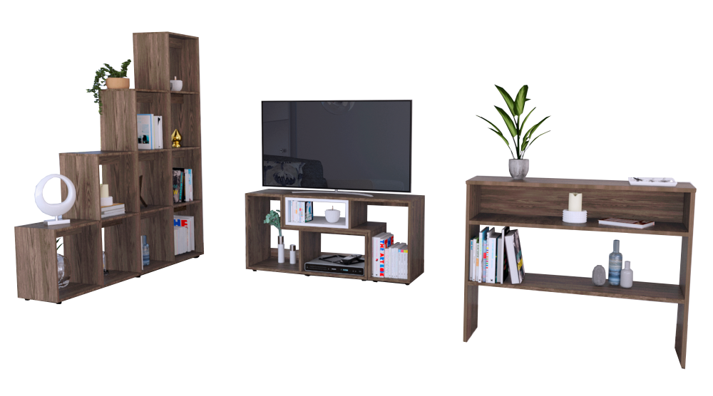 Rack Extensible + Biblioteca Escalera + Arrimo Beijing Color Coñac y Blanco Para Sala De Estar